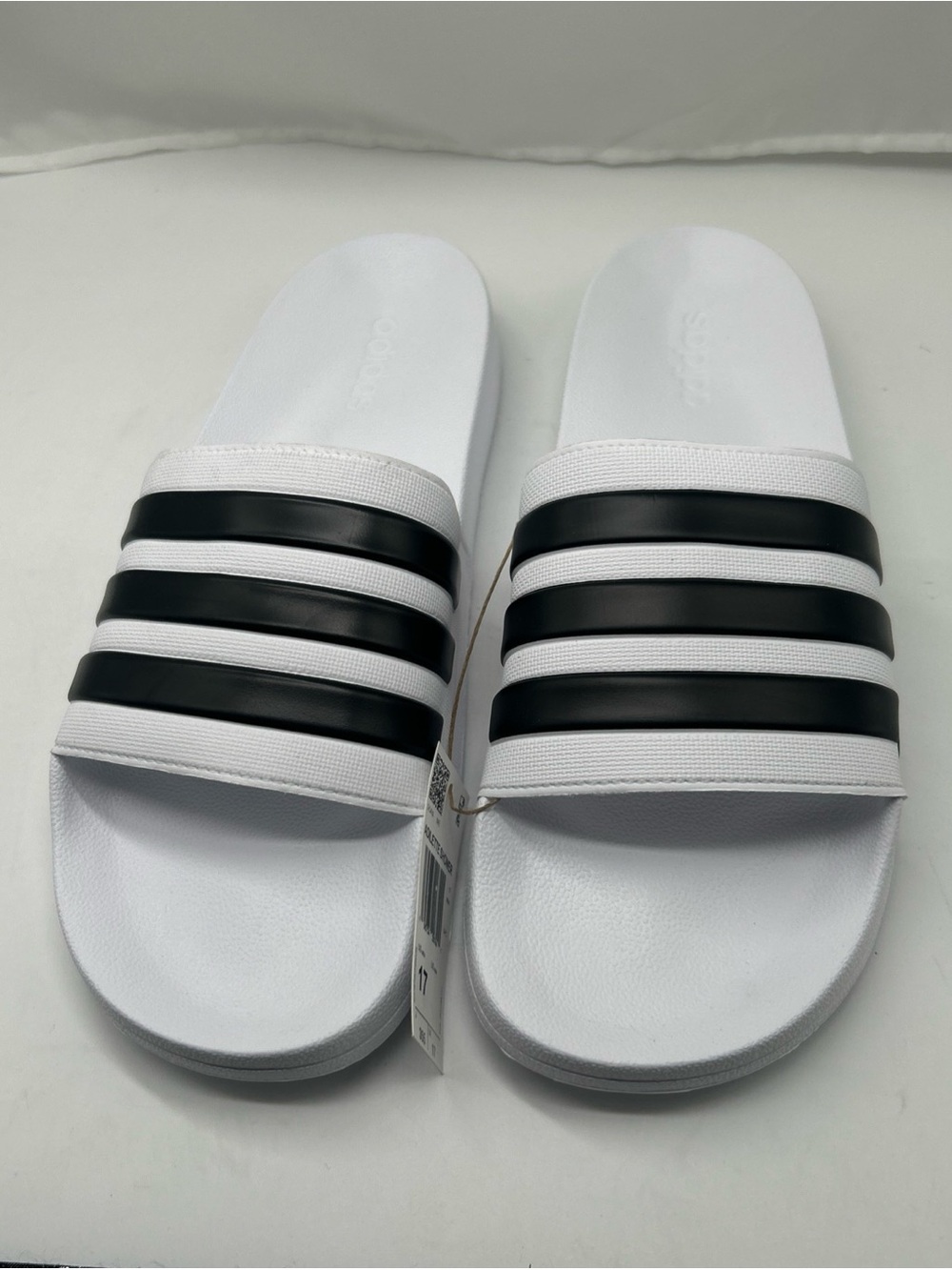 Adilette-Style White Slide Sandals with Black Stripes